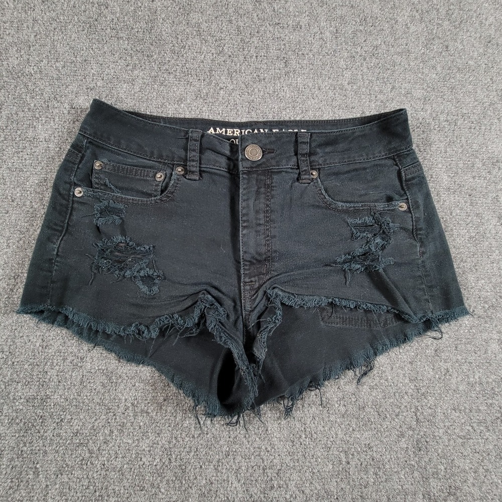 American Eagle Shorts Women 6 Cut Coff HI RISE FESTIVAL Black Stretch Distressed